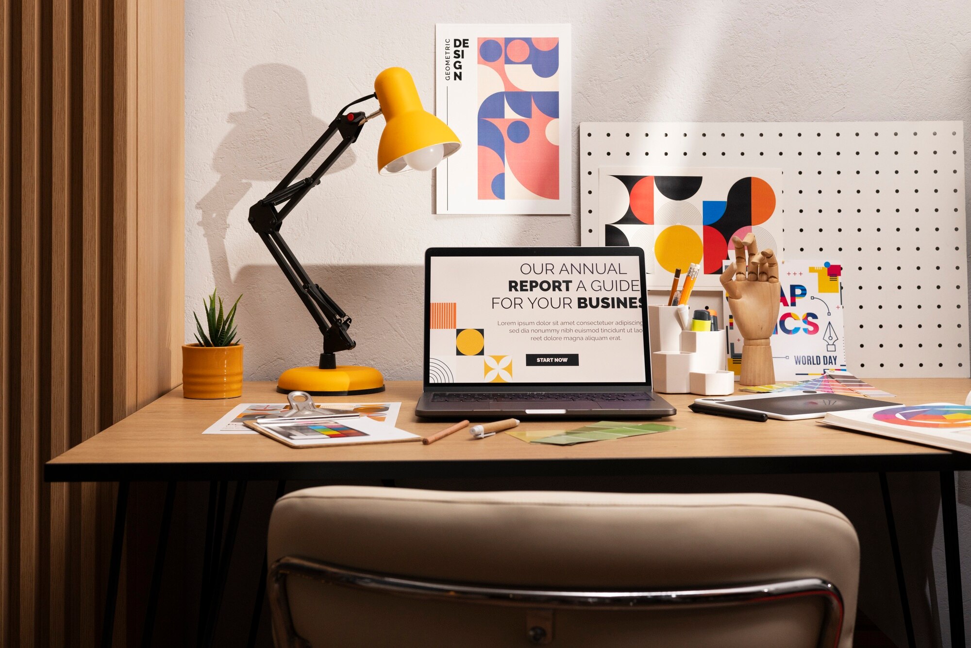 Design studio workspace with packaging prototypes and creative materials